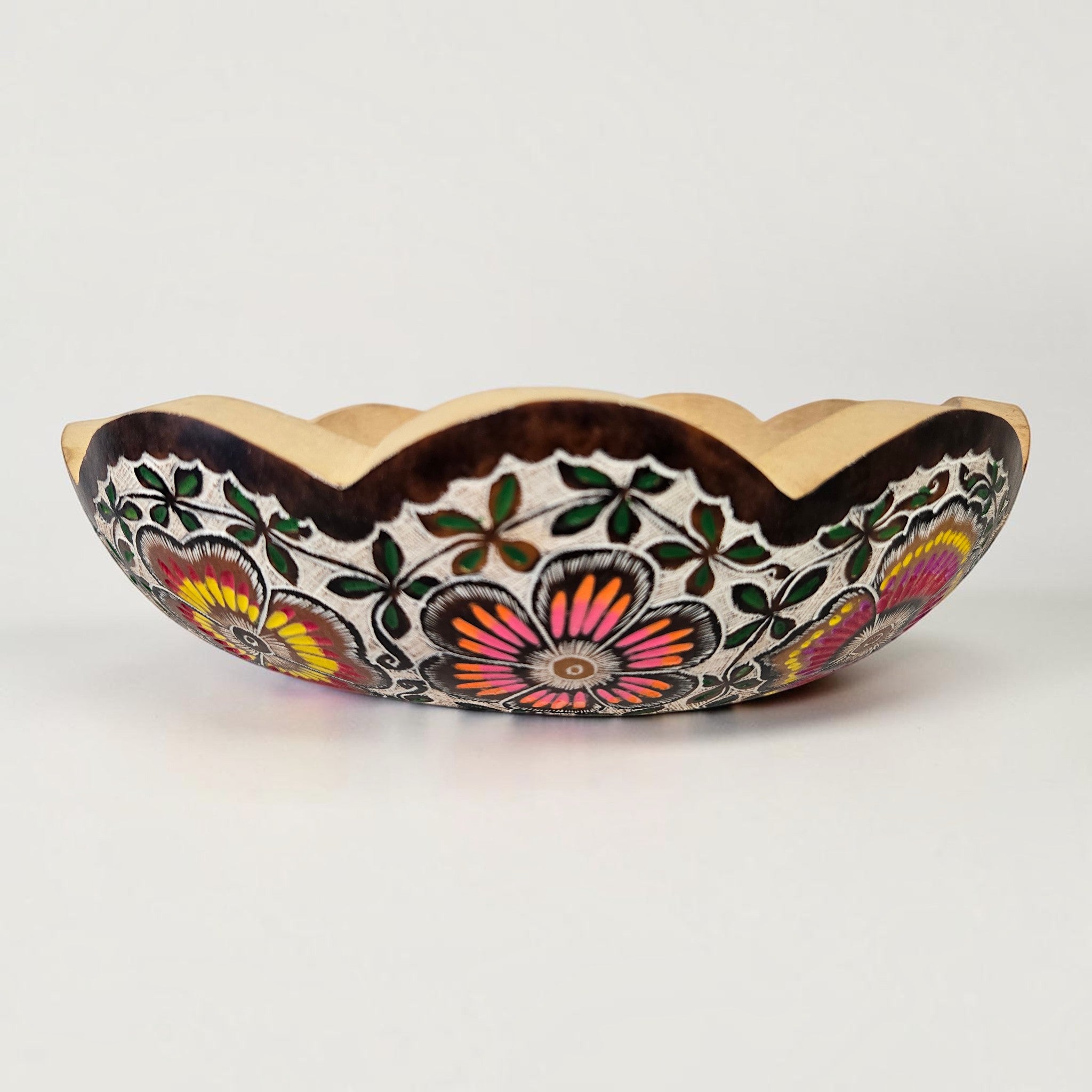 Hand-Carved and Hand-Painted Bread Bowl with Floral Design & Scalloped Top - 10 inch