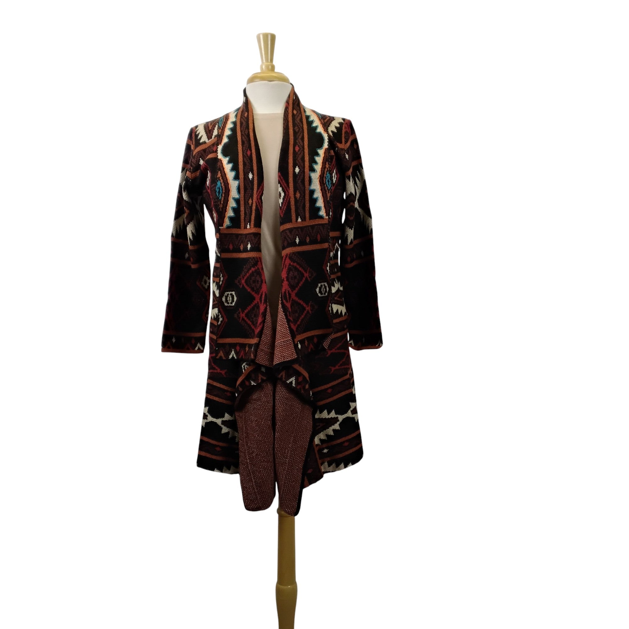 Nancy Alpaca Long Open Front Sweater with Geometric Ethnic Design