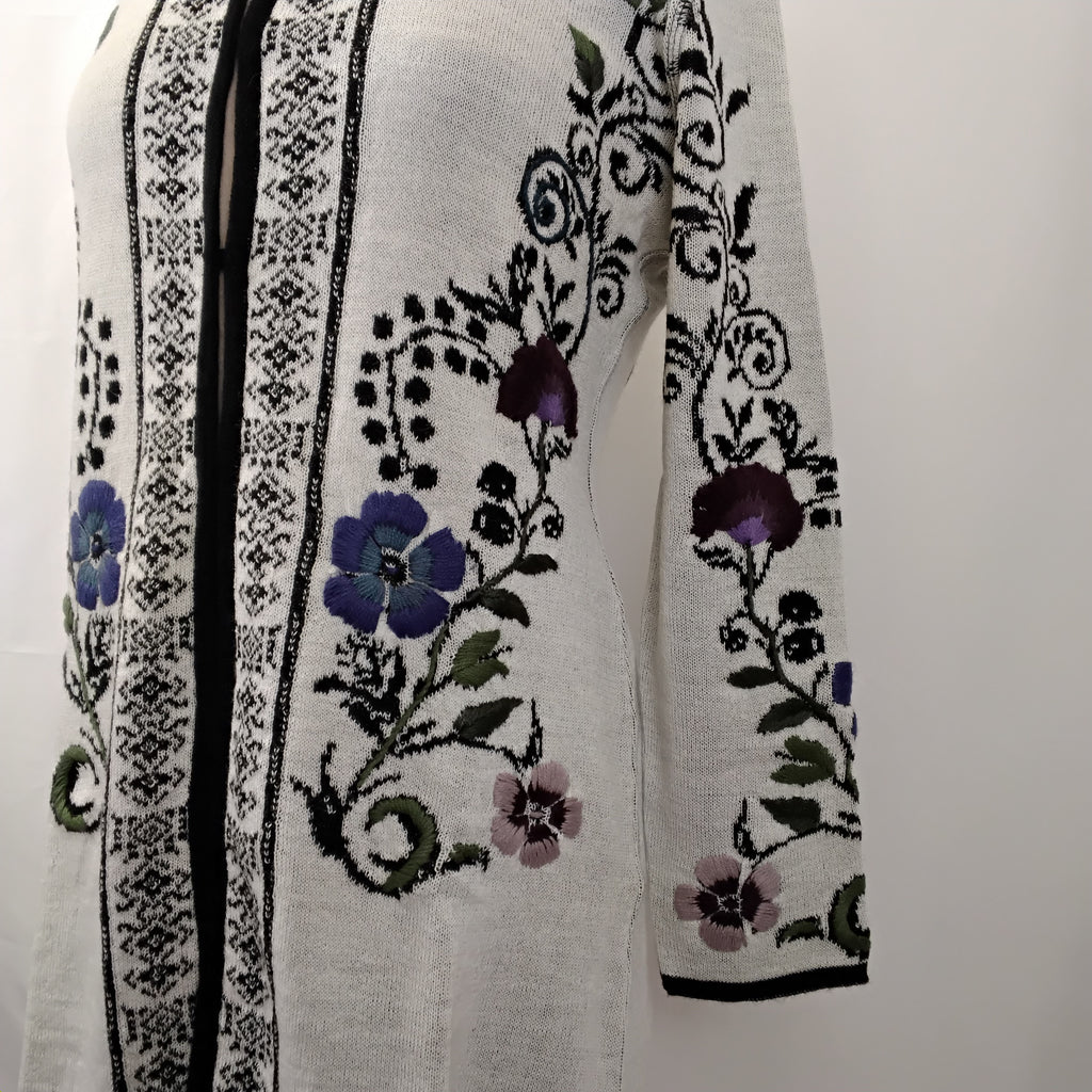 Dorian Long Cardigan Coat Style Sweater w/Floral Embroidery