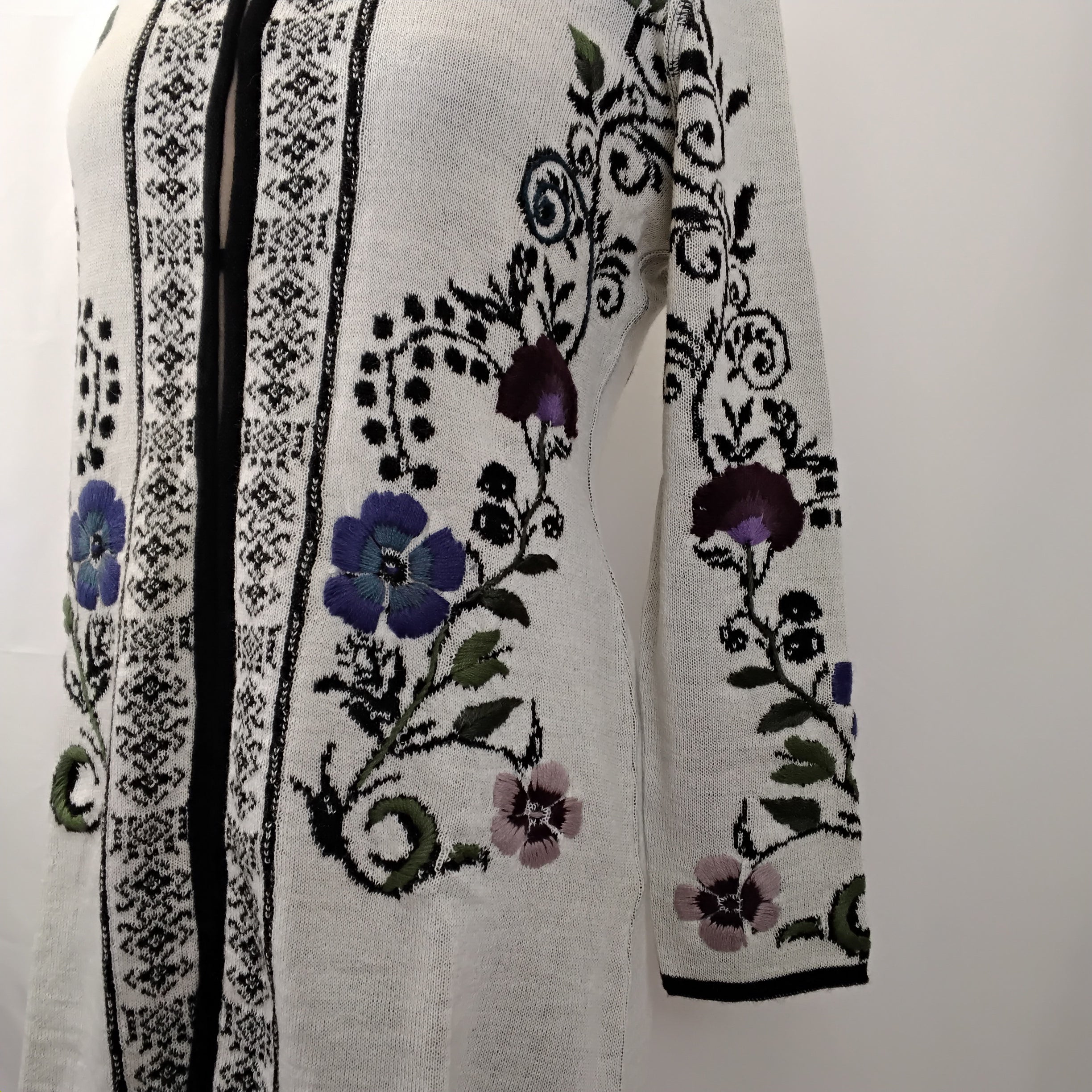 Dorian Long Cardigan Coat Style Sweater w/Floral Embroidery