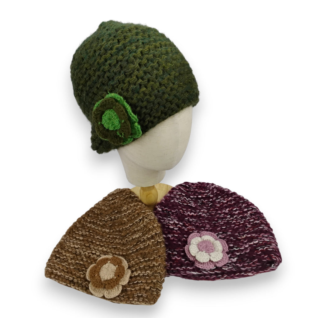 Alpaca Loosely Knit Hat Adorned with Crocheted Flower