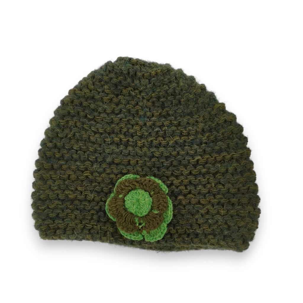 Alpaca Loosely Knit Hat Adorned with Crocheted Flower