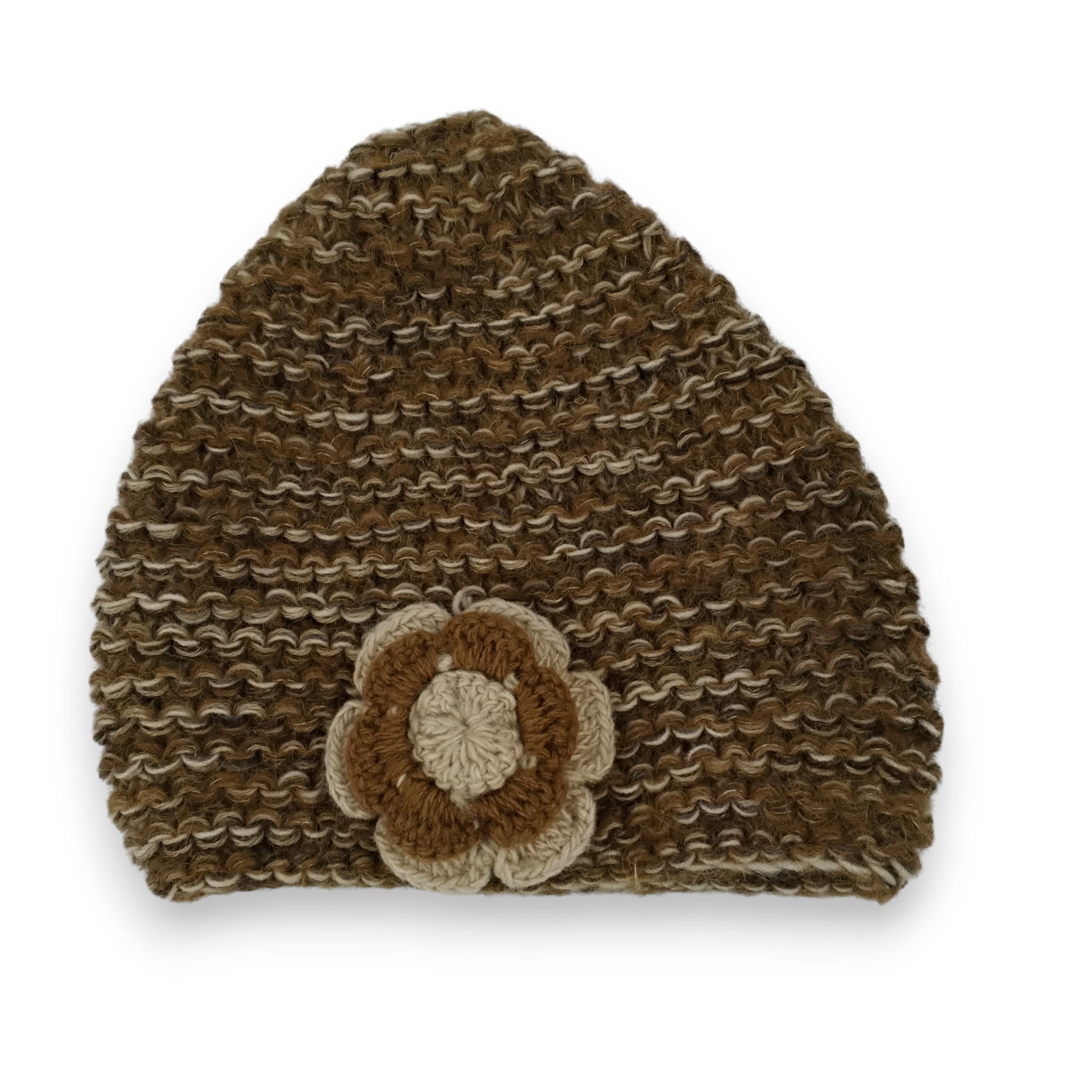 Alpaca Loosely Knit Hat Adorned with Crocheted Flower