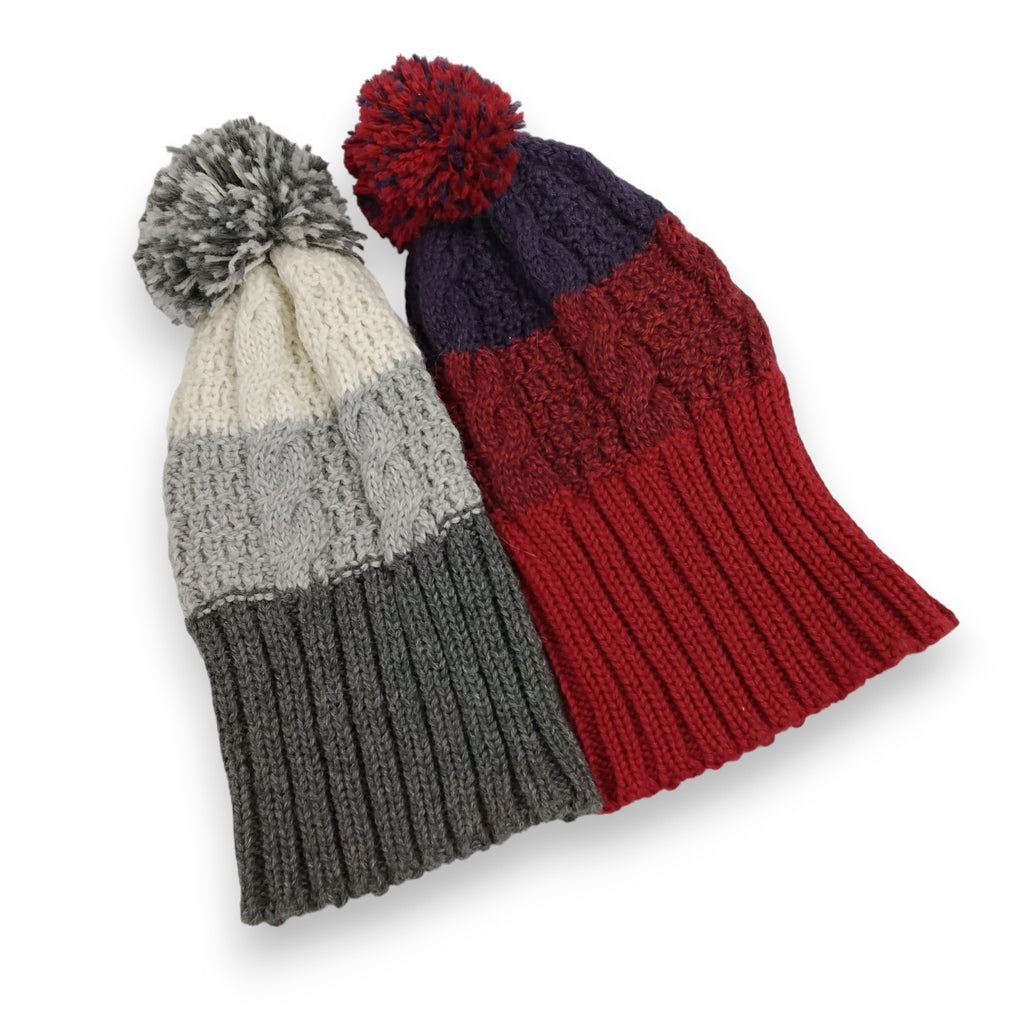 Alpaca Tricolor Knit Hat with Pom