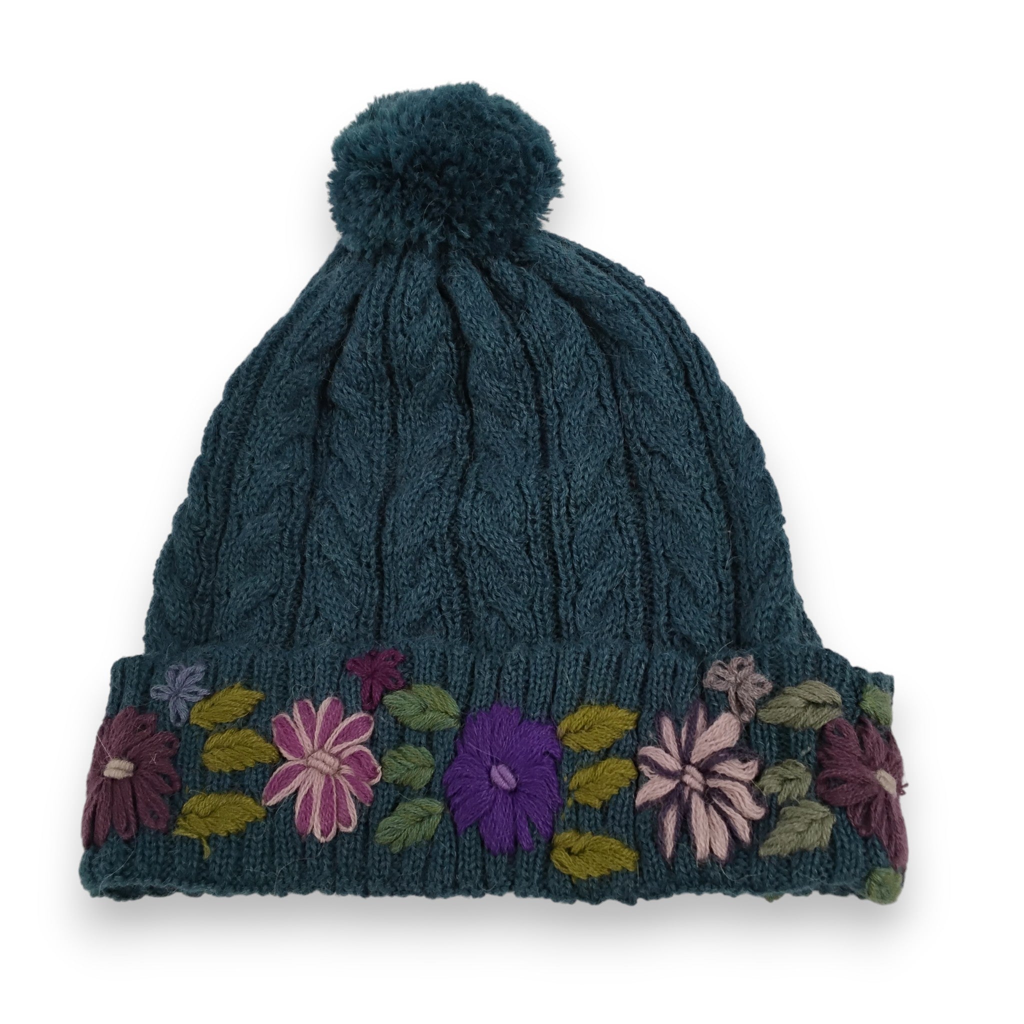 Daisy Cable Knit Hat with Floral Embroidery