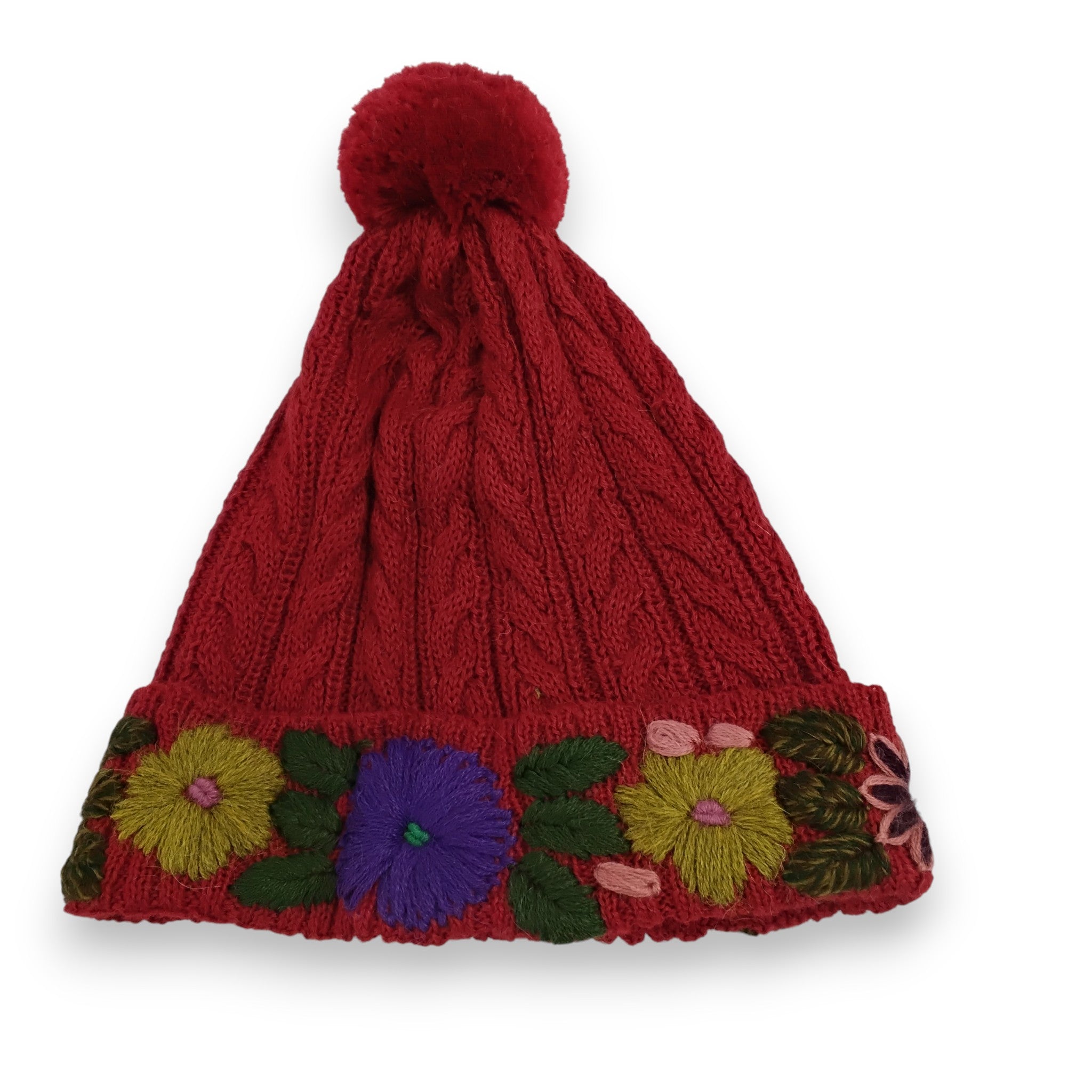 Daisy Cable Knit Hat with Floral Embroidery