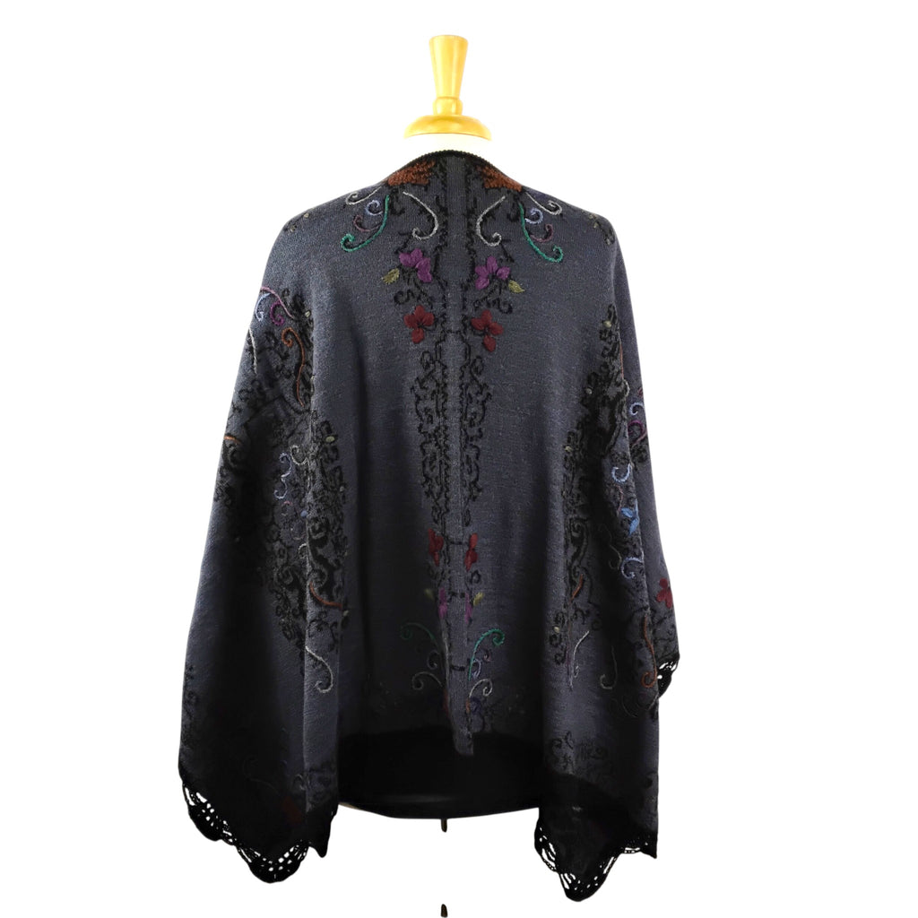 Denim / Black Reversible Ruana with Floral Embroidery