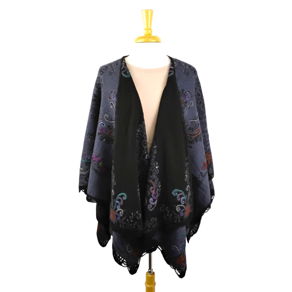 Denim / Black Reversible Ruana with Floral Embroidery