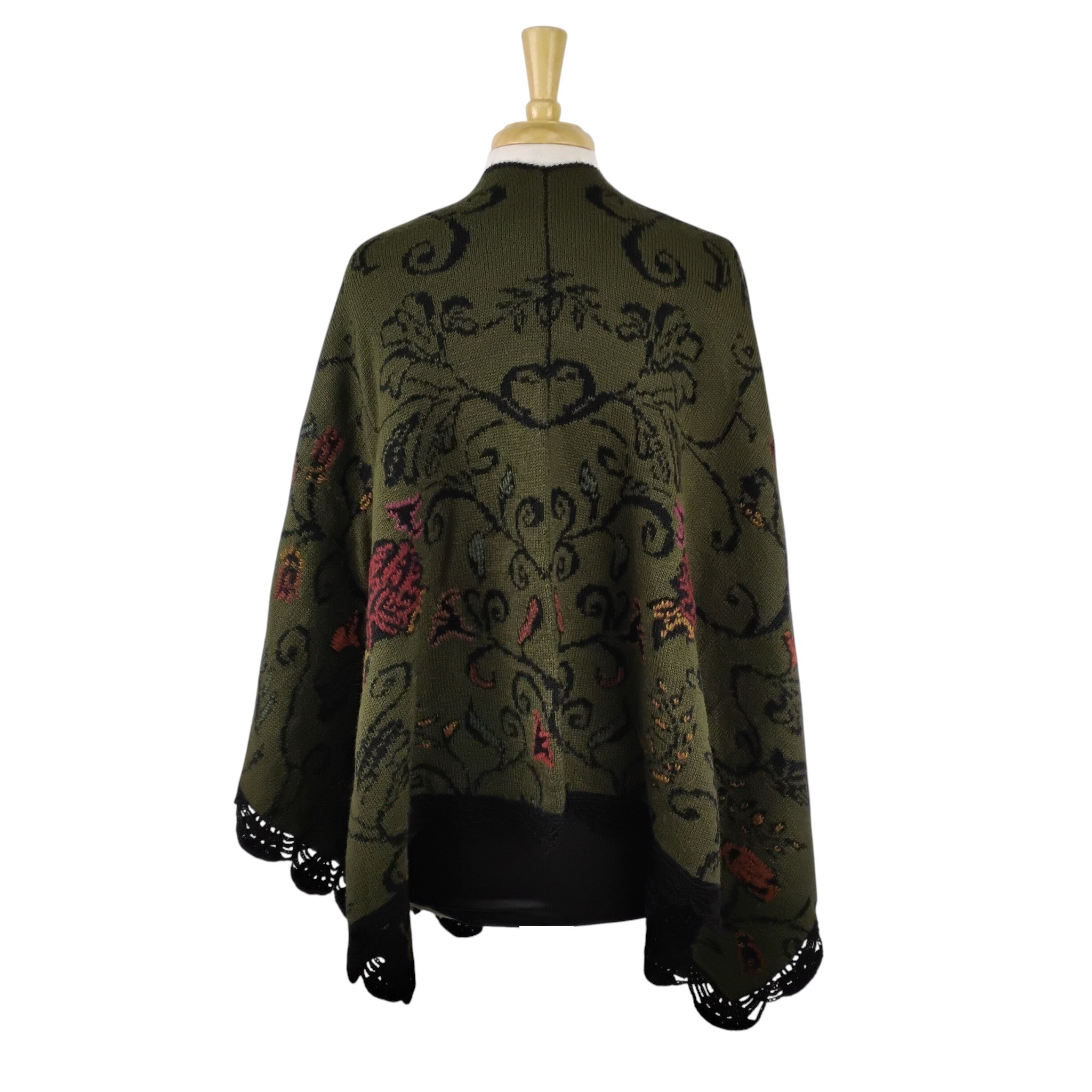 Sage/ Black Reversible Emerald Ruana with Floral Embroidery