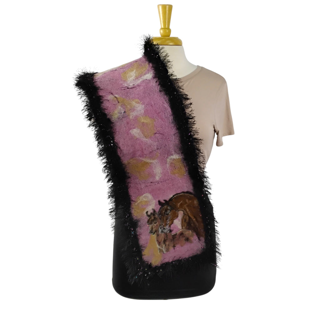 Handmade Felted Scarf with Horse and Foal
