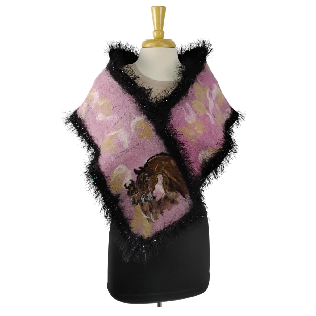 Handmade Felted Scarf with Horse and Foal