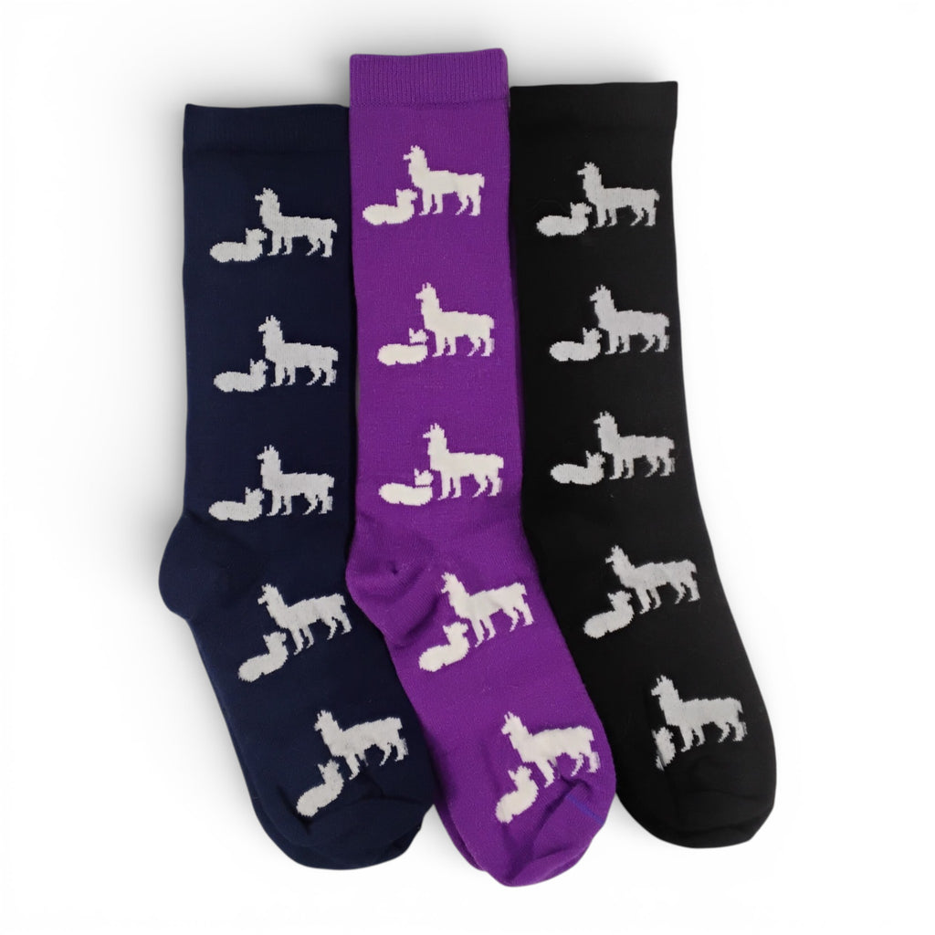 Three socks with white alpaca silhouettes 
