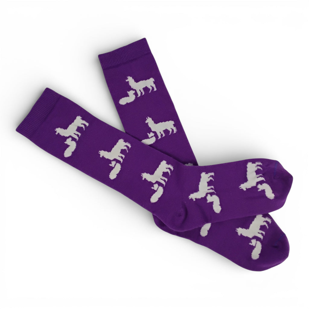 Purple socks with white alpaca designs on a white background