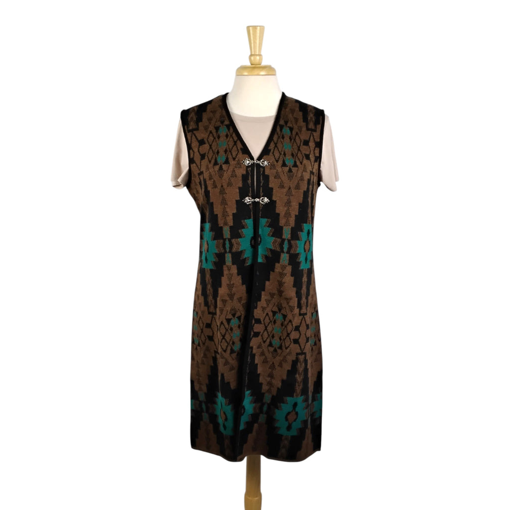 Geo Print Long Alpaca Knit Vest with Clasps