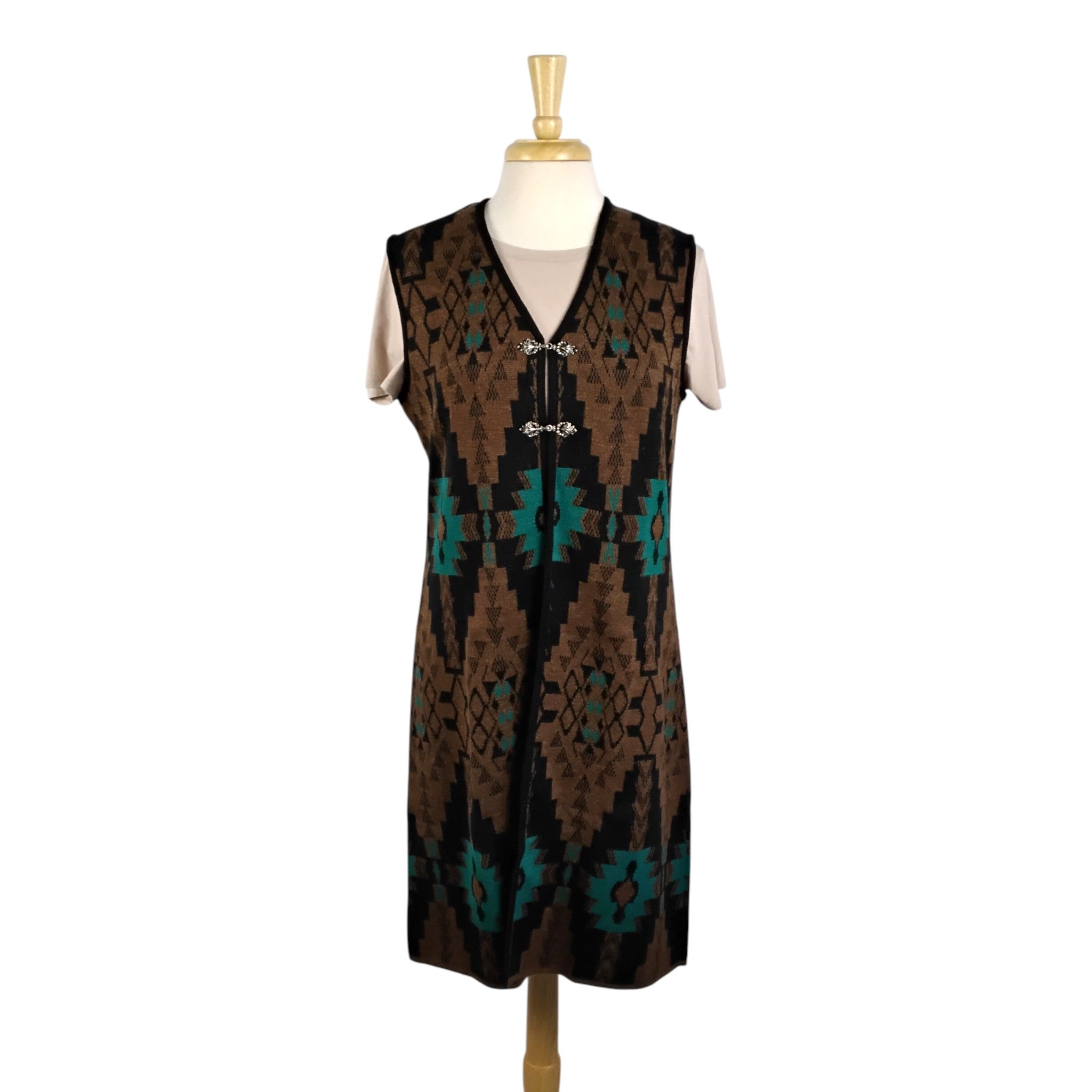 Geo Print Long Alpaca Knit Vest with Clasps