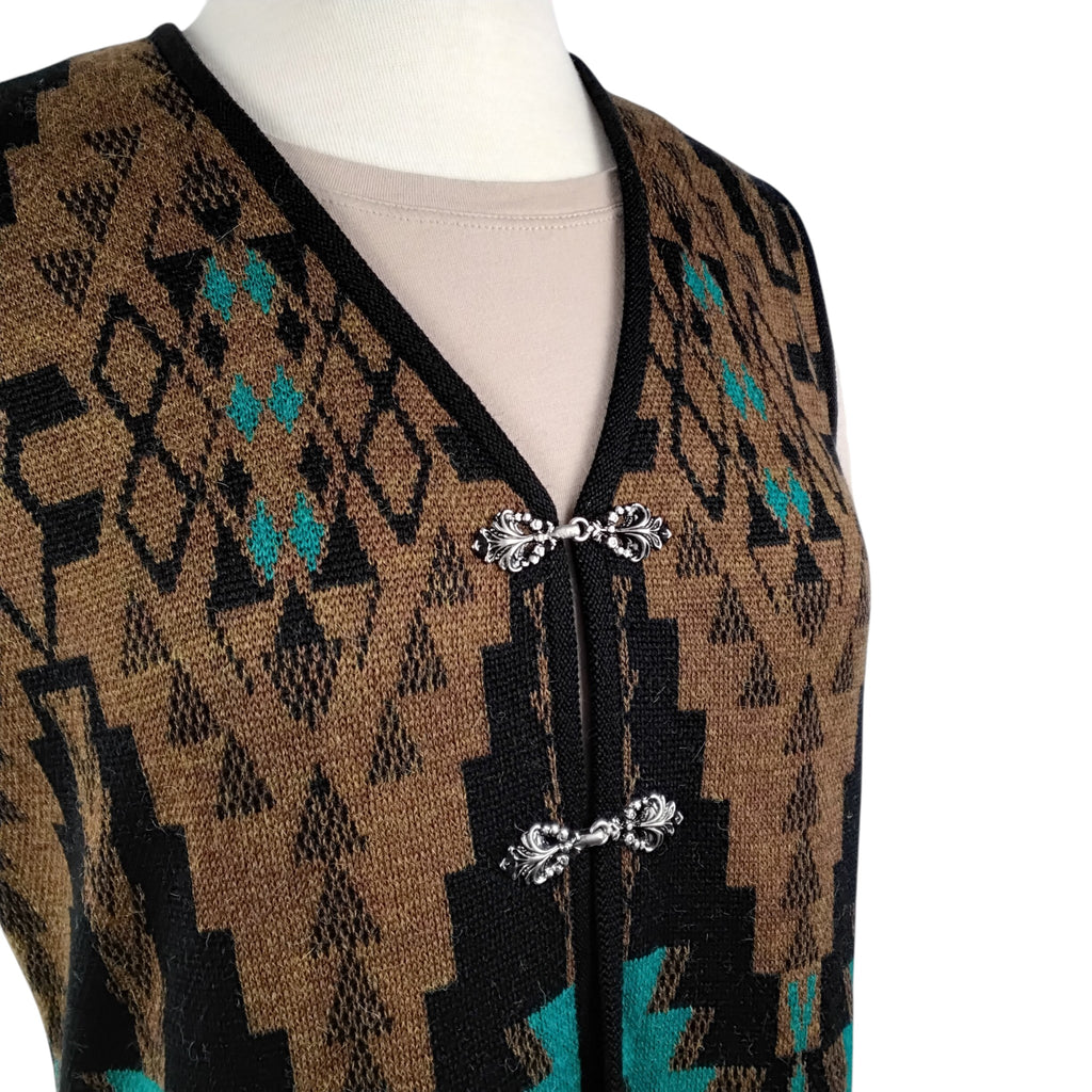 Geo Print Long Alpaca Knit Vest with Clasps