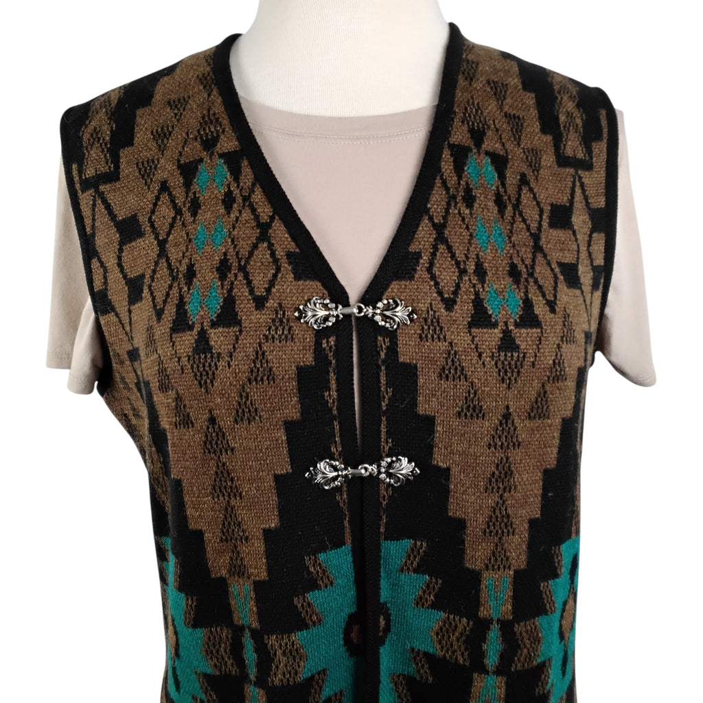 Geo Print Long Alpaca Knit Vest with Clasps