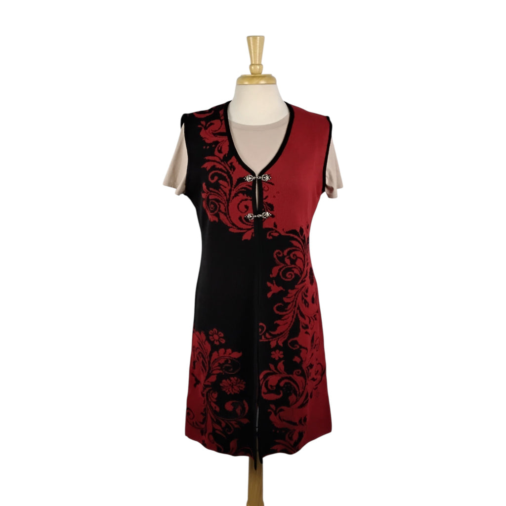 Loretta Long Red and Black Scroll Design Vest with Silver Clasps