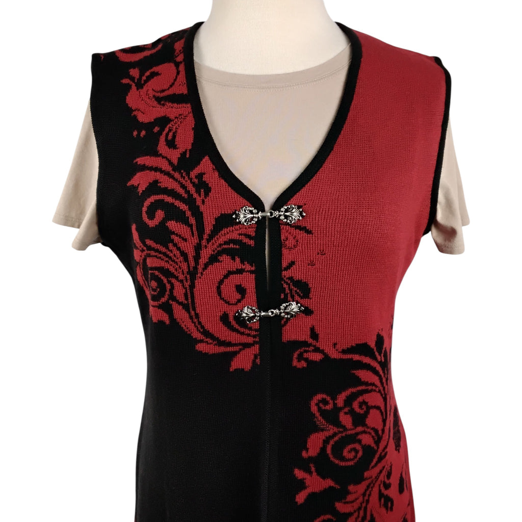 Loretta Long Red and Black Scroll Design Vest with Silver Clasps