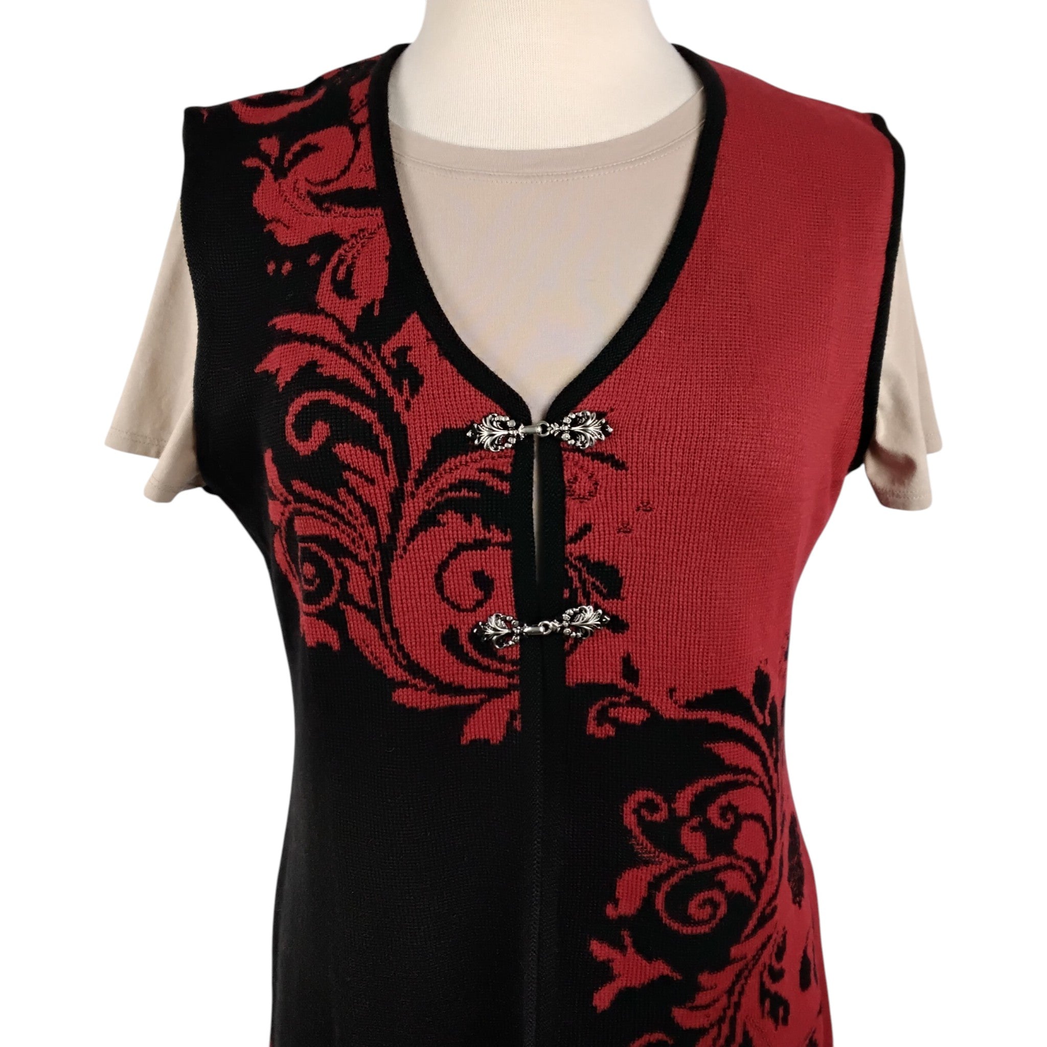 Loretta Long Red and Black Scroll Design Vest with Silver Clasps