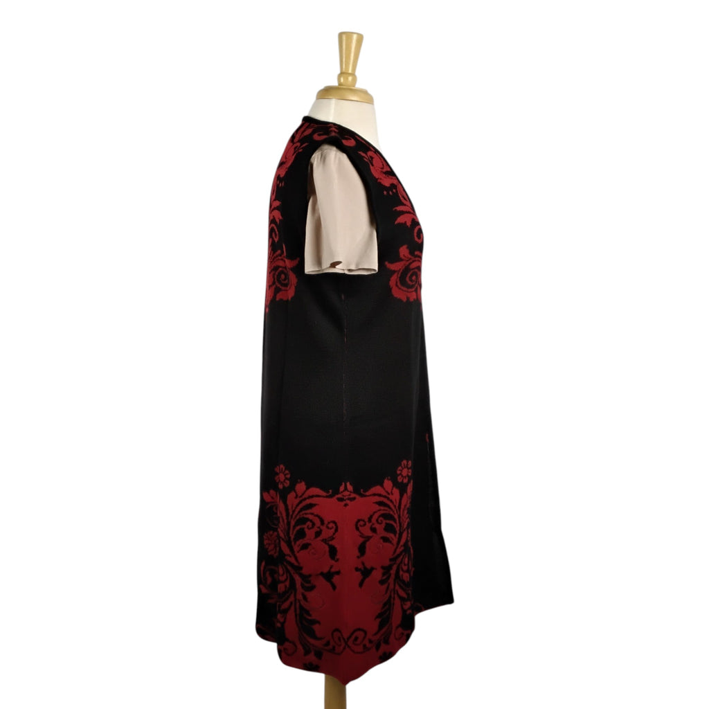 Loretta Long Red and Black Scroll Design Vest with Silver Clasps