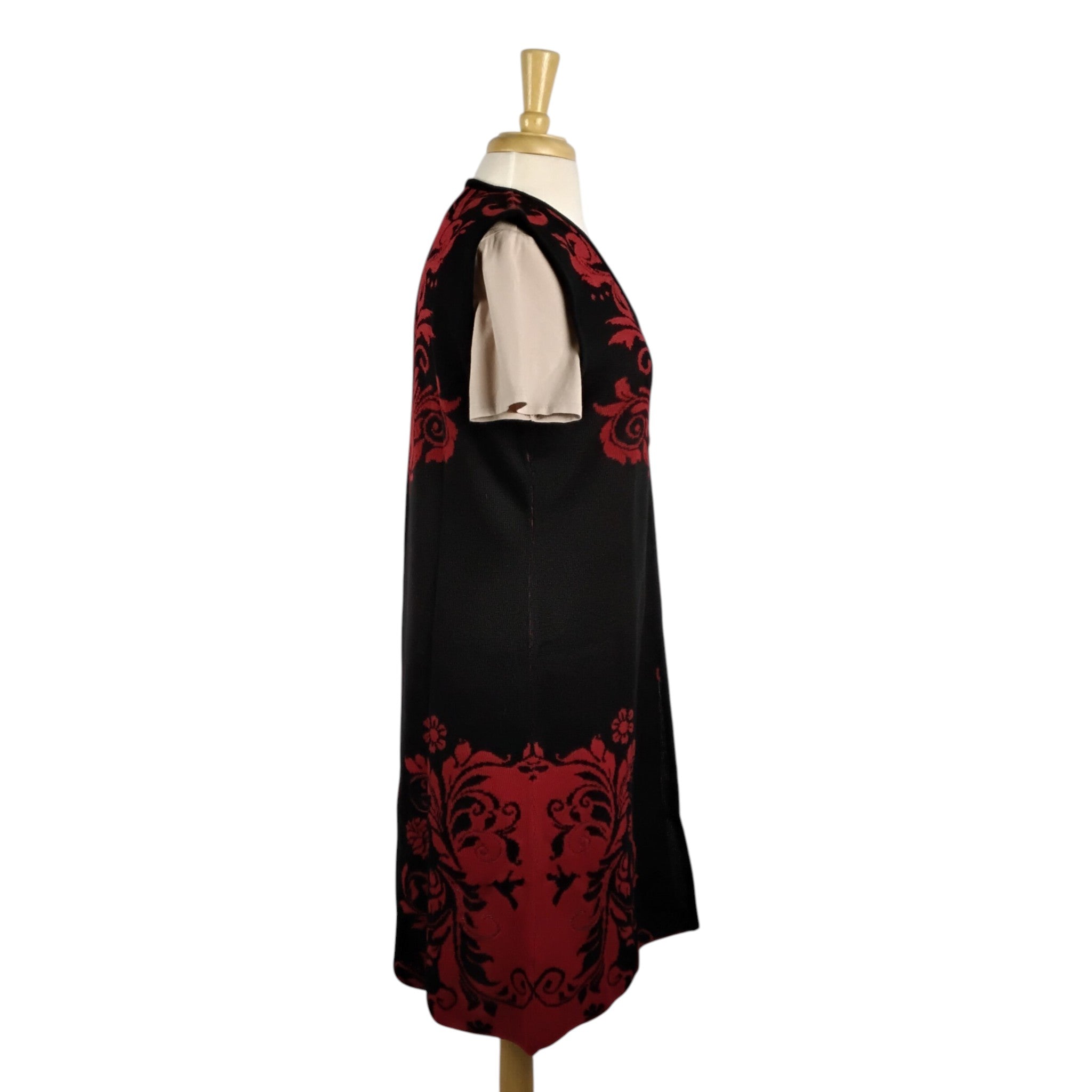 Loretta Long Red and Black Scroll Design Vest with Silver Clasps