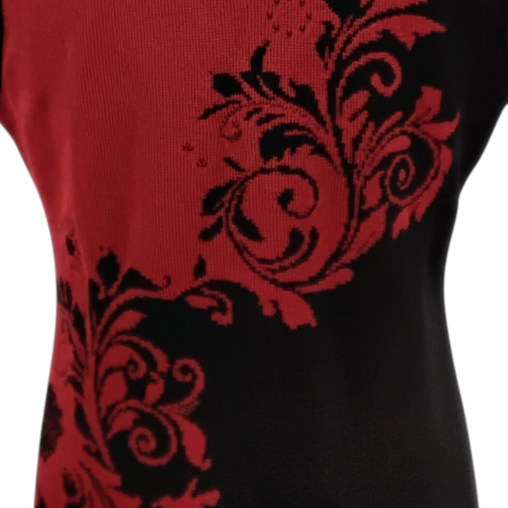 Loretta Long Red and Black Scroll Design Vest with Silver Clasps