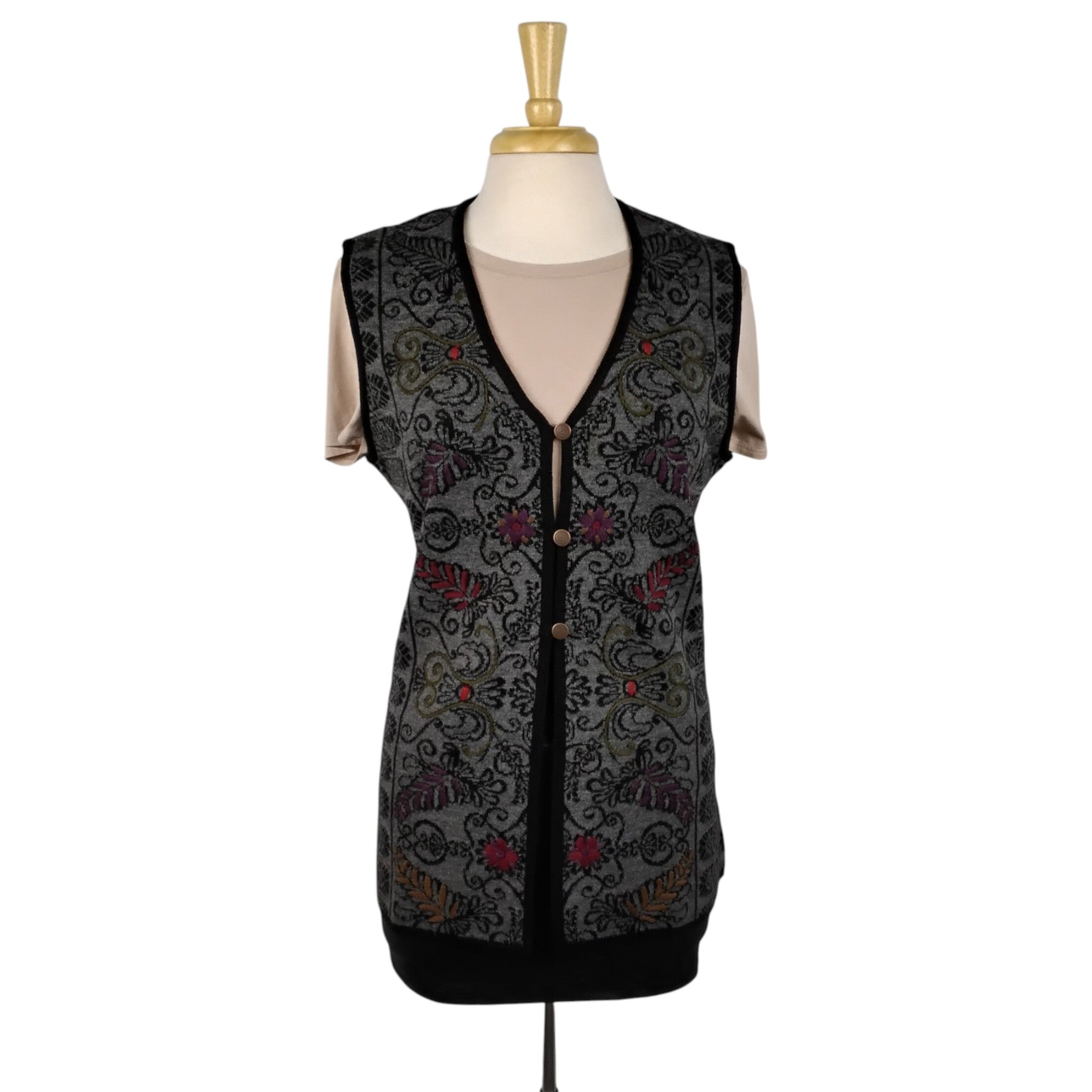 Andrea Scroll Pattern Short Vest with Three Button Open Front
