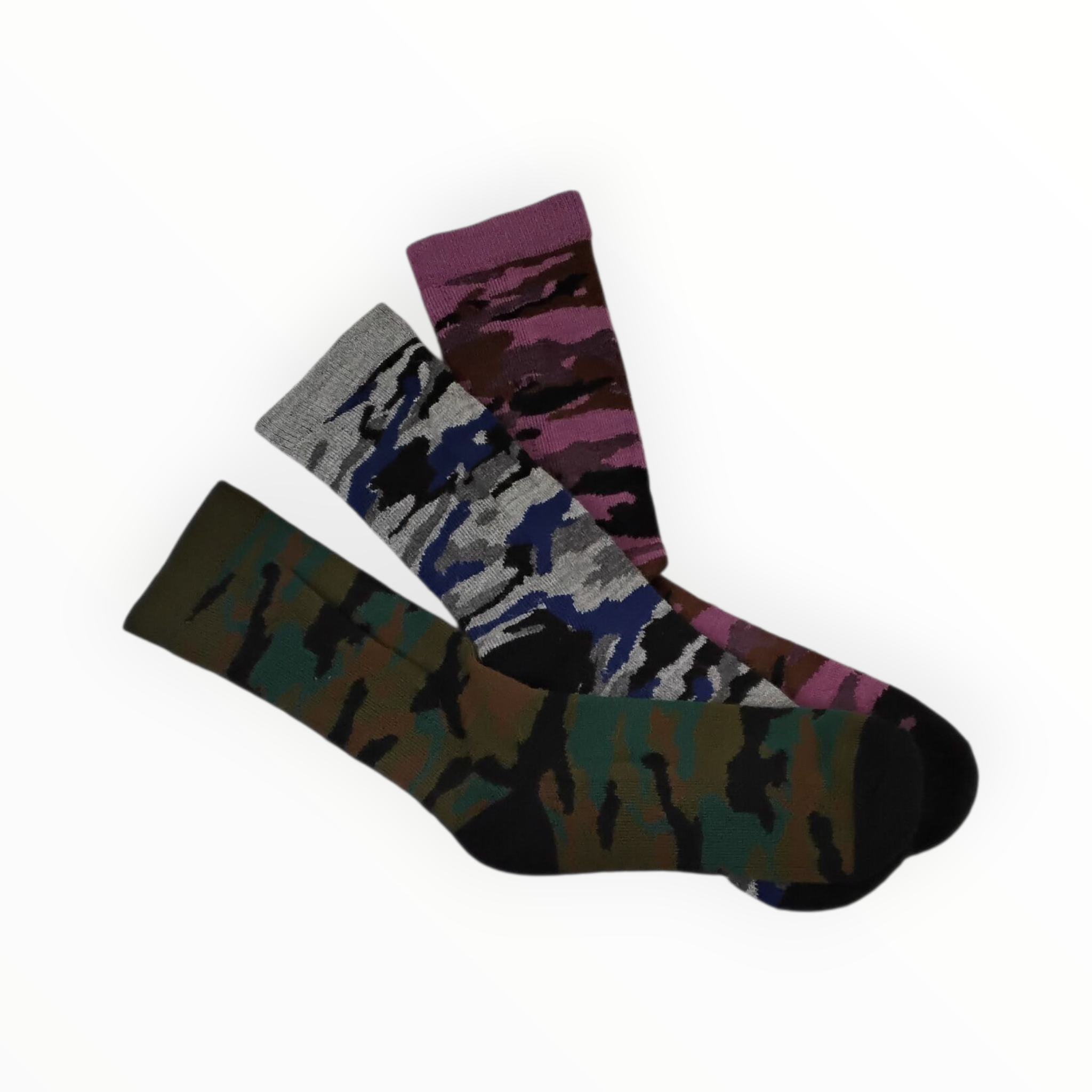 Three colors of camouflage socks on a white background