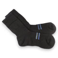 Pair of black socks with blue stripes on a white background