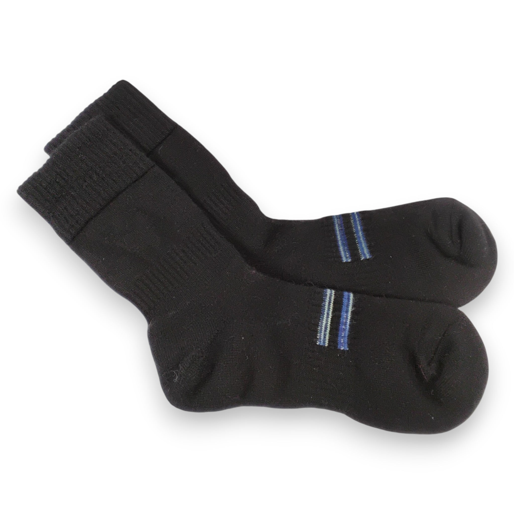 Pair of black socks with blue stripes on a white background