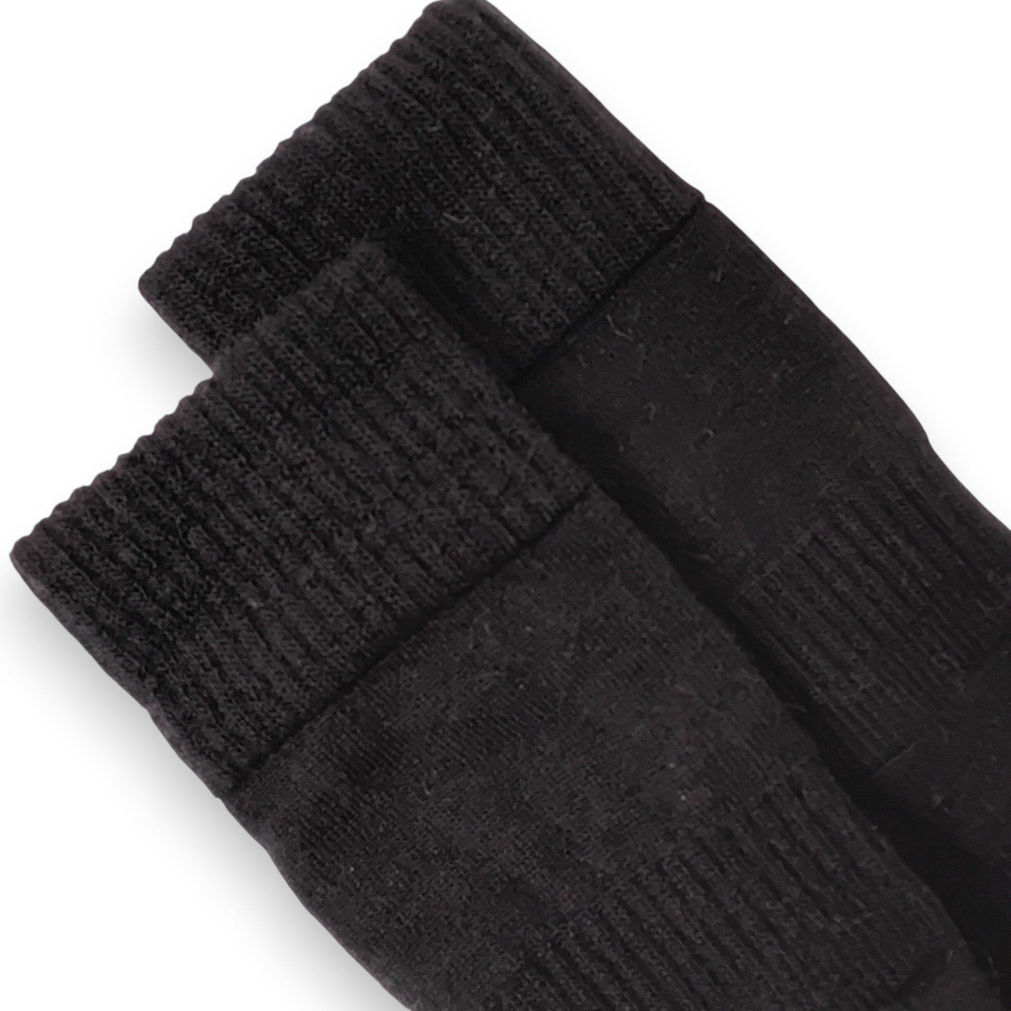 Close-up of black socks with ribbed cuffs on a white background
