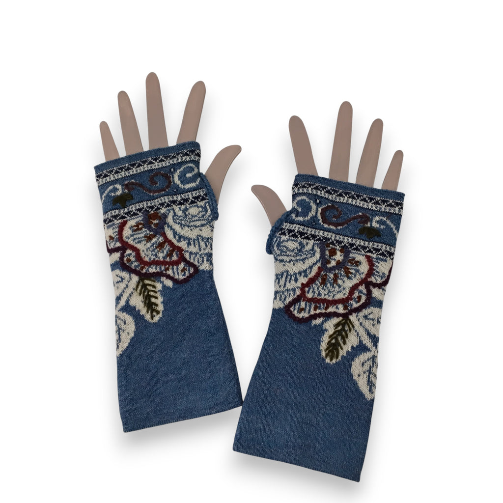 Blue Magnolia Gauntlet Style Fingerless Gloves