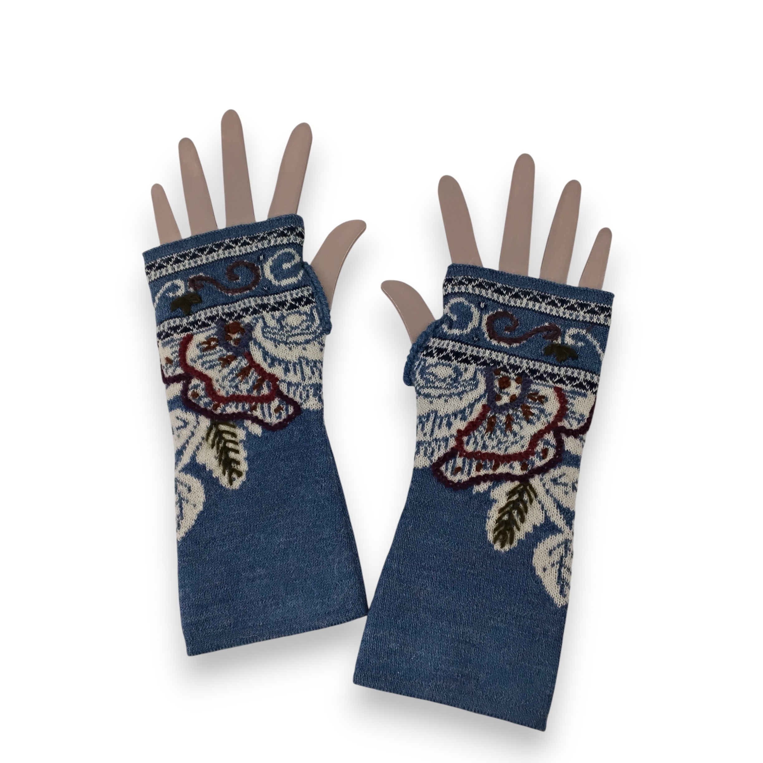 Blue Magnolia Gauntlet Style Fingerless Gloves