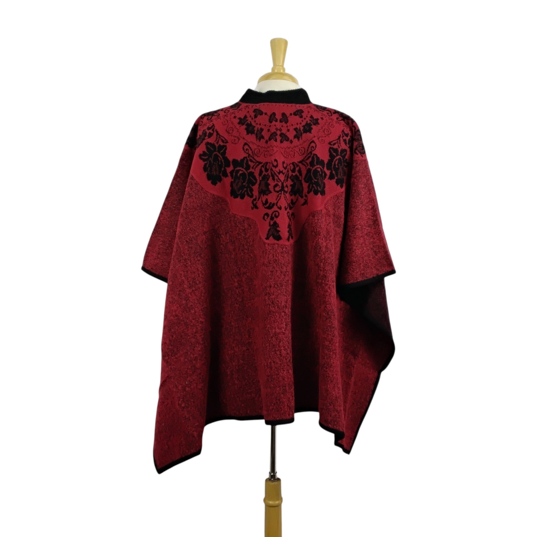 Alpaca Boucle Knit Poncho with Black Accents