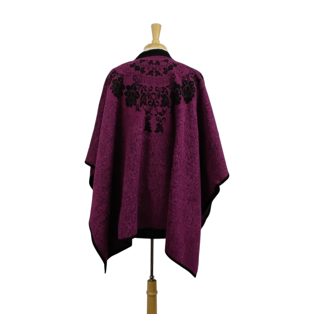 Alpaca Boucle Knit Poncho with Black Accents