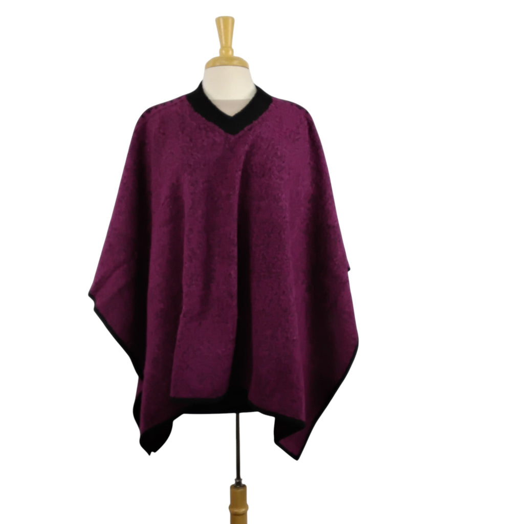 Alpaca Boucle Knit Poncho with Black Accents