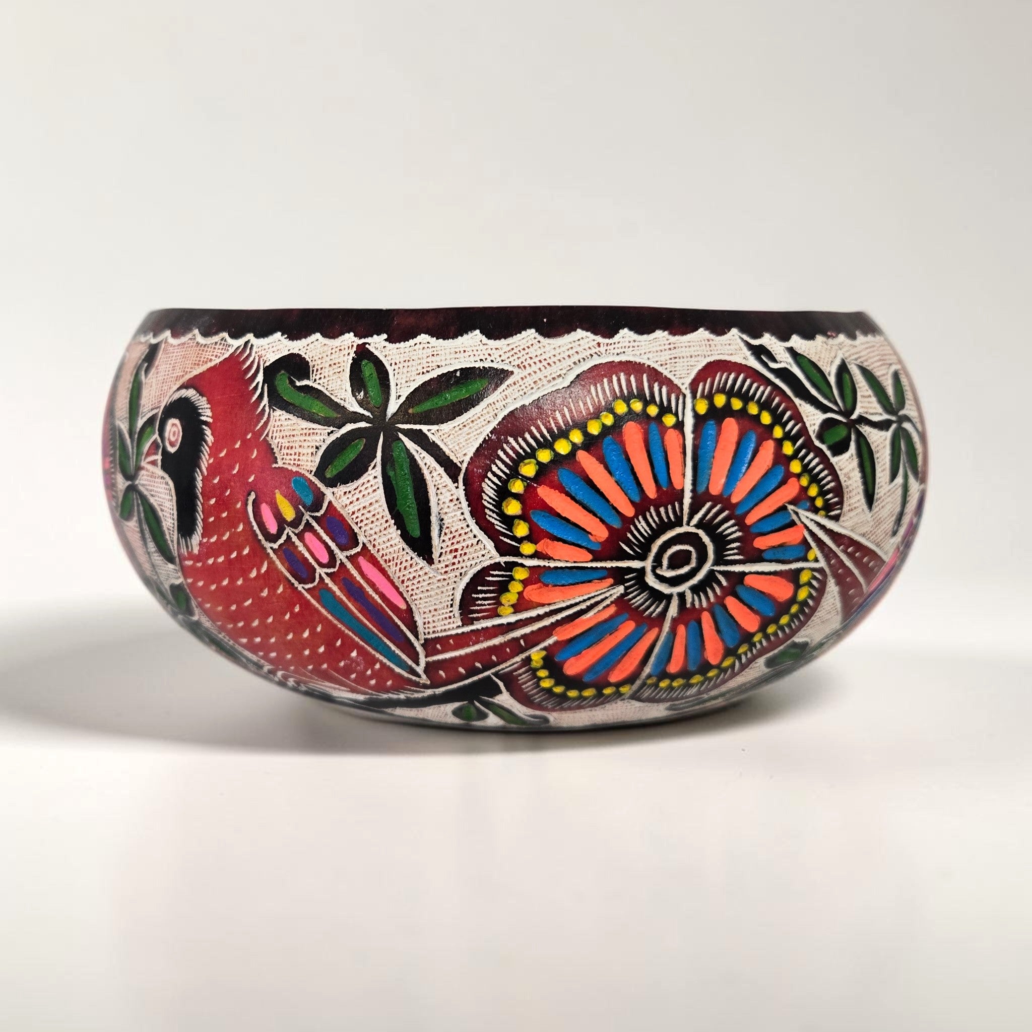 Hand-Carved Hand-Painted Bowl Cardinal and Flowers Design 7.5 inch