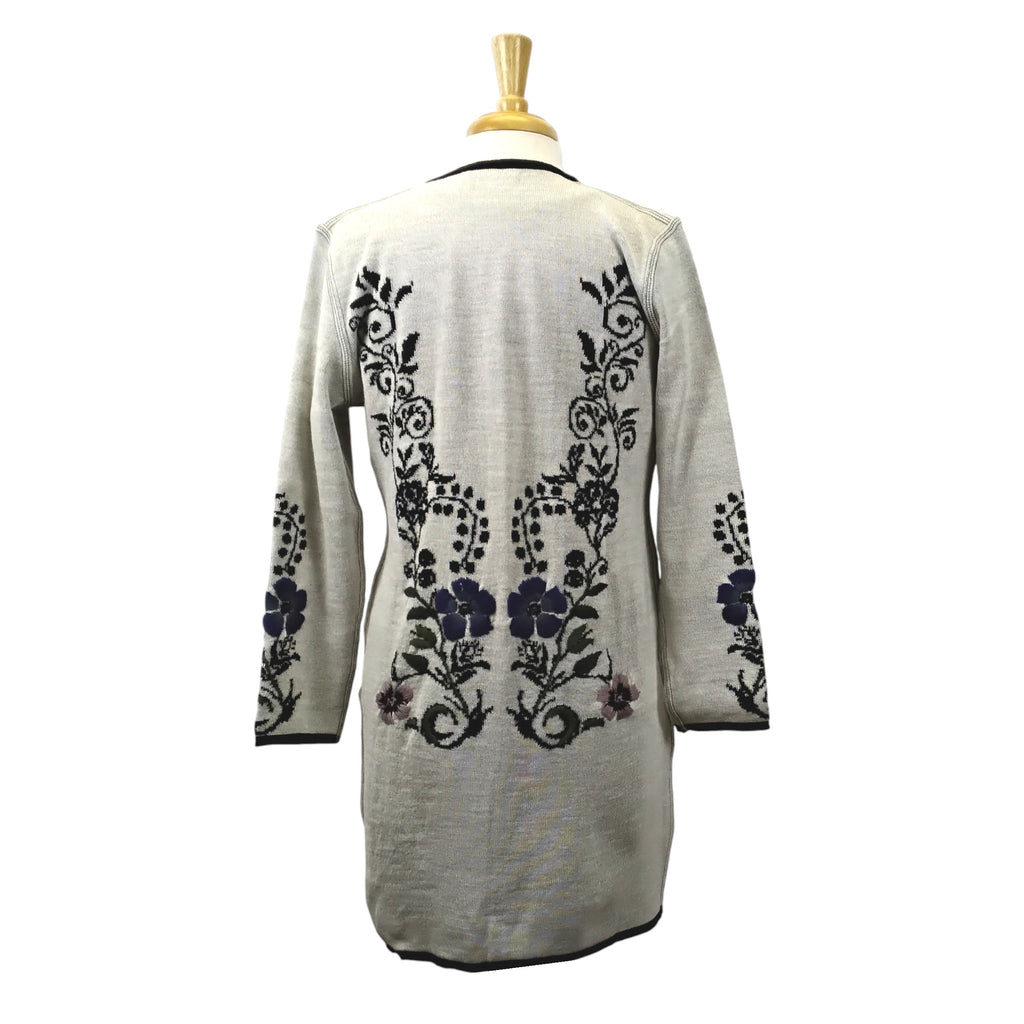 Dorian Long Cardigan Coat Style Sweater w/Floral Embroidery