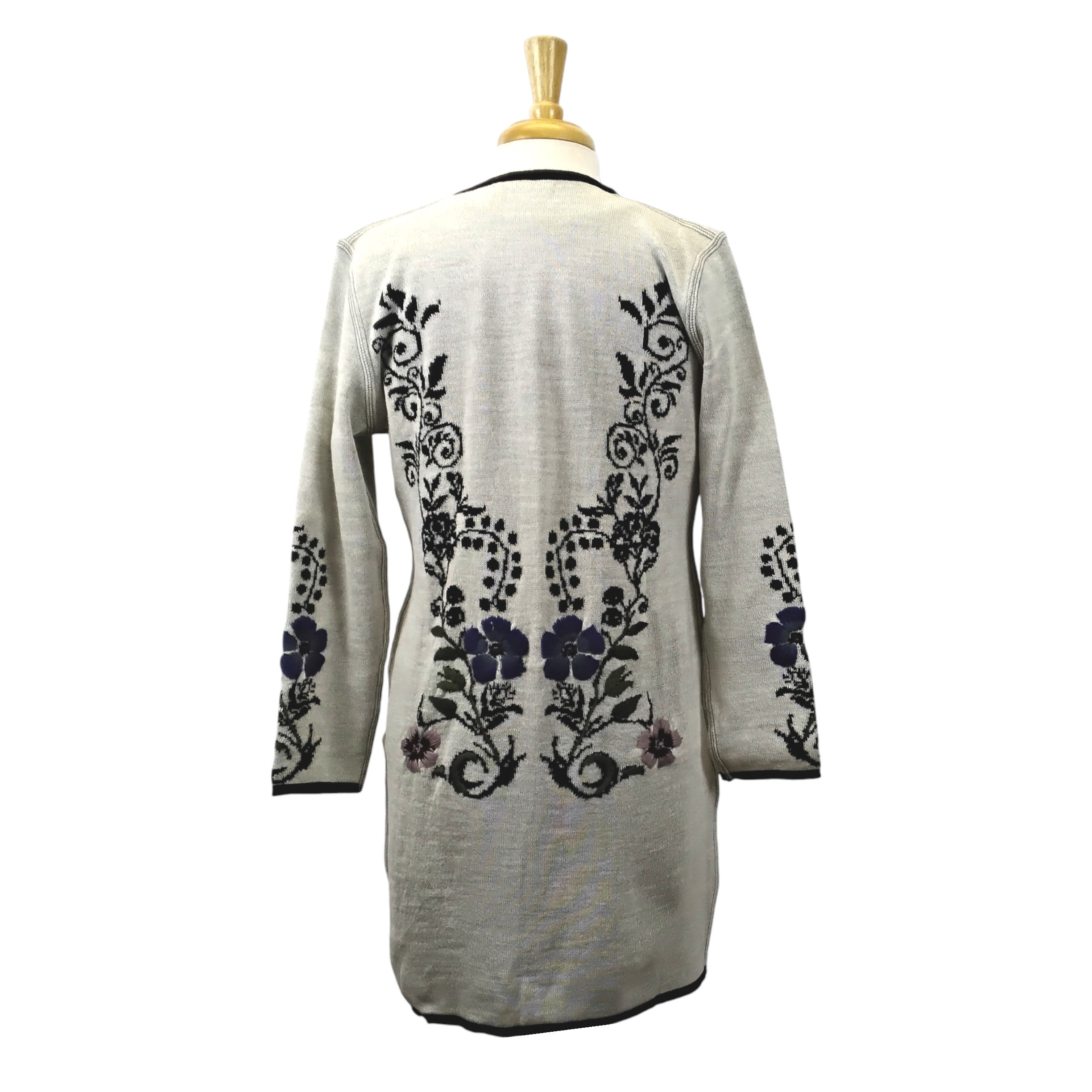 Dorian Long Cardigan Coat Style Sweater w/Floral Embroidery