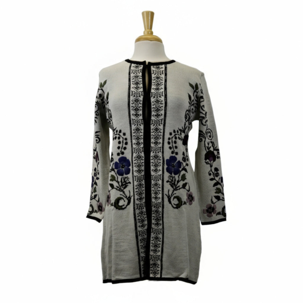Dorian Long Cardigan Coat Style Sweater w/Floral Embroidery