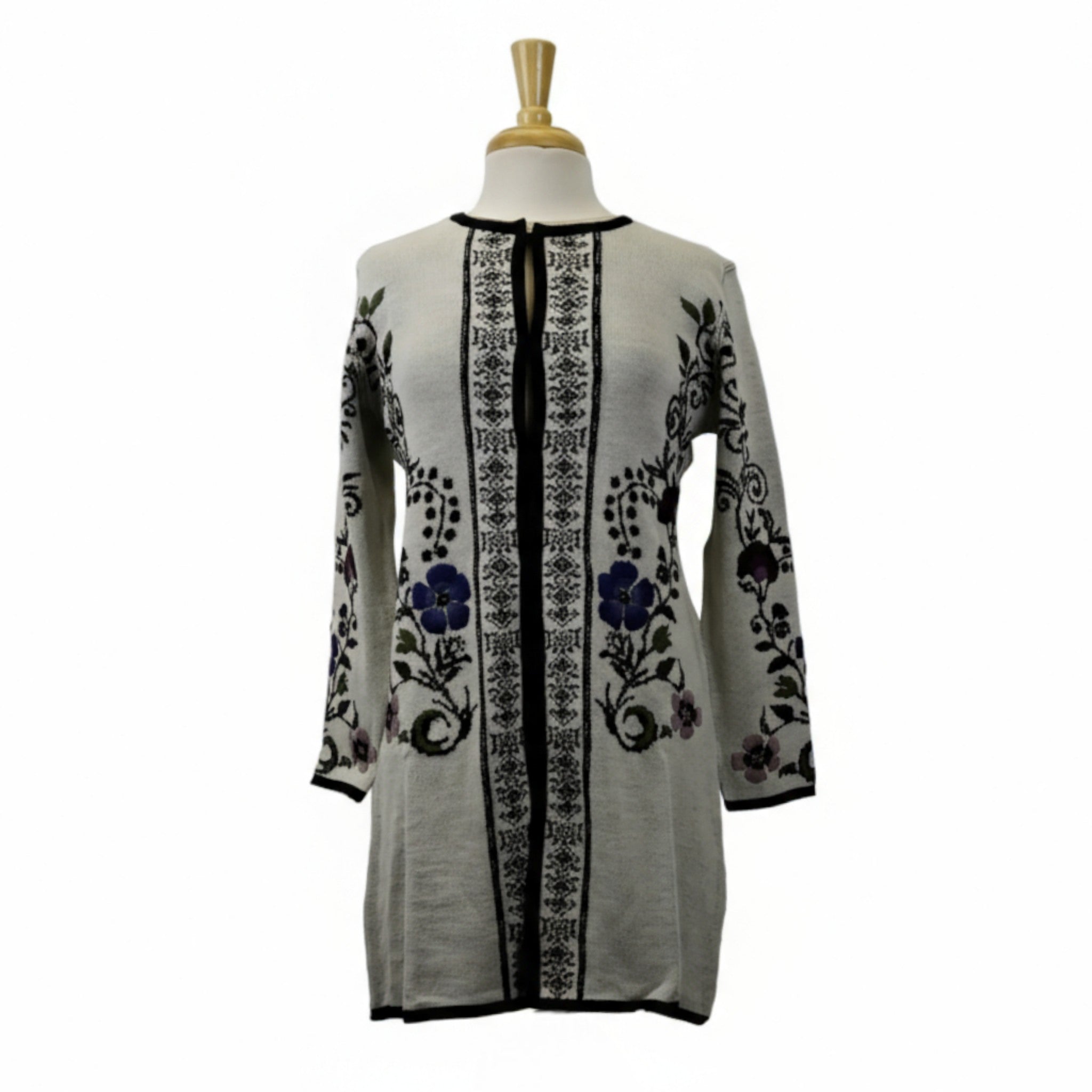 Dorian Long Cardigan Coat Style Sweater w/Floral Embroidery