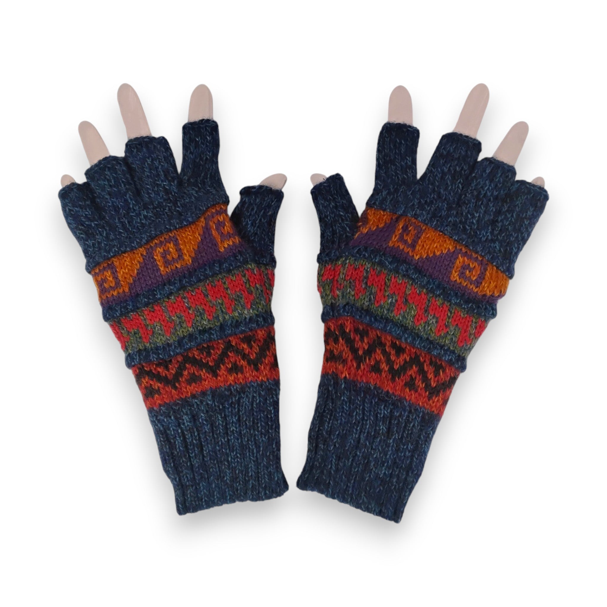 Pair of blue fingerless gloves with colorful pattern on a white background