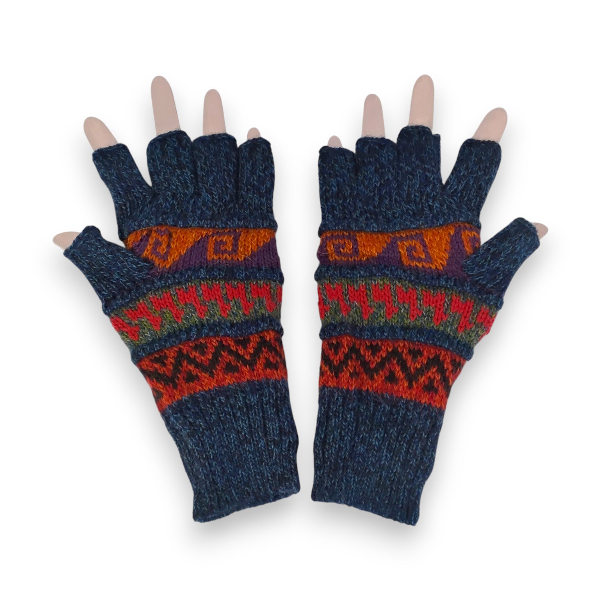 Pair of blue fingerless gloves with patterned designs