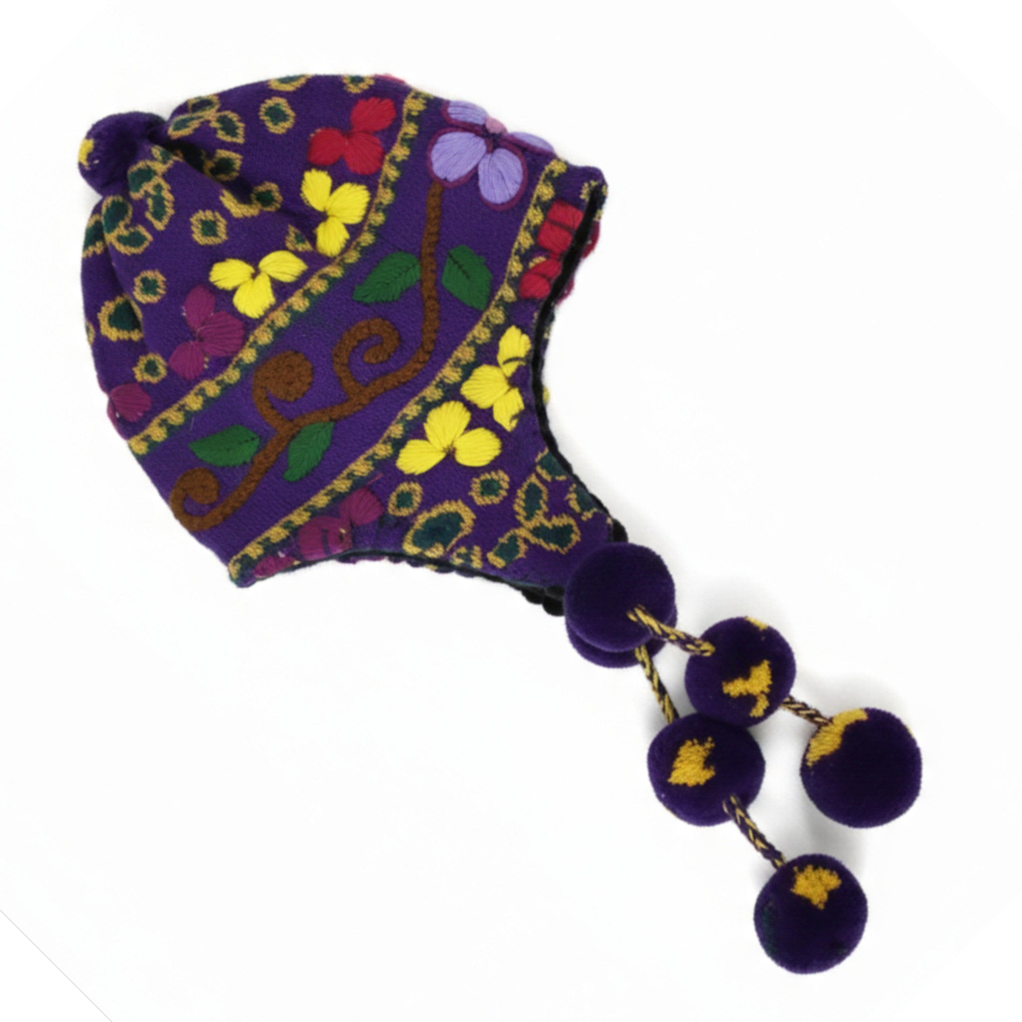 Alpaca Chullo Hat with Flowers and Pom Poms