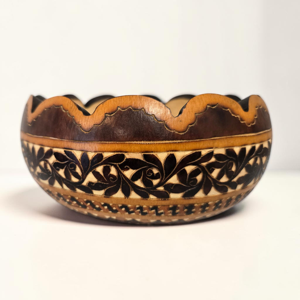 Hand-Carved and Hand-Painted Peruvian Gourd Bowl with Geometric Designs 7 inch