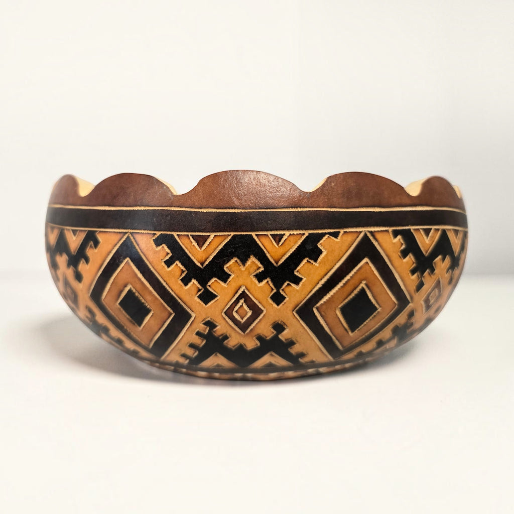 Hand-Carved and Hand-Painted Peruvian Gourd Bowl with Geometric Designs 7 inch