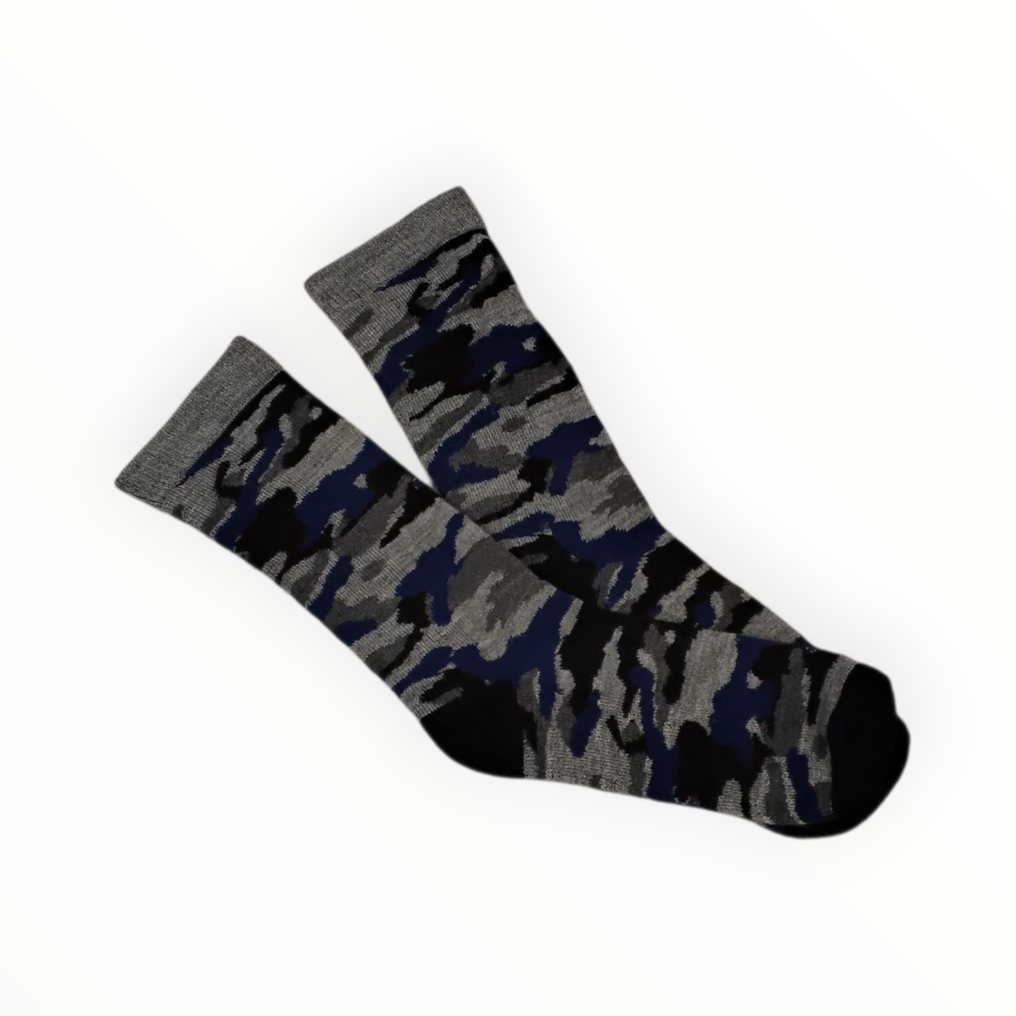 Camouflage-patterned socks on a white background