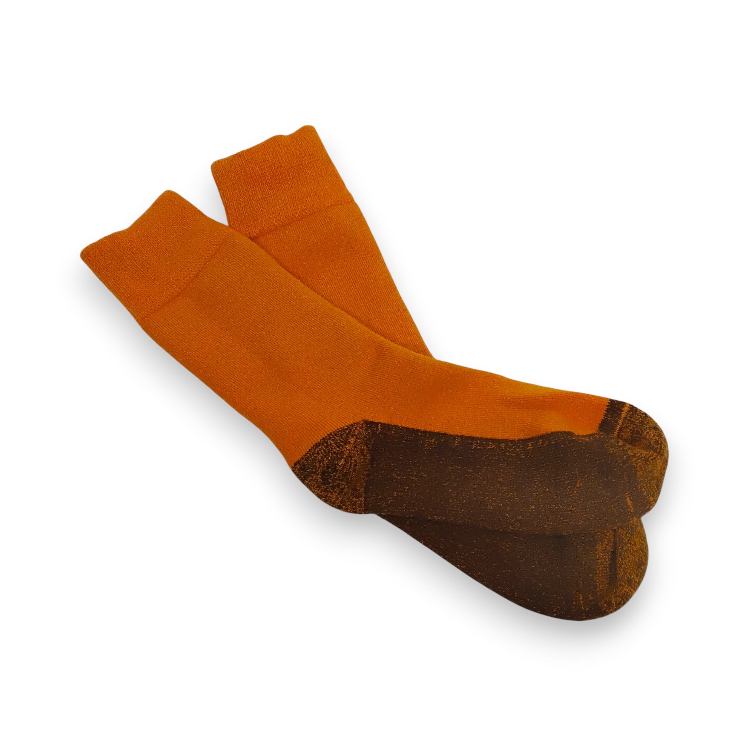Pair of orange socks with brown soles on a white background
