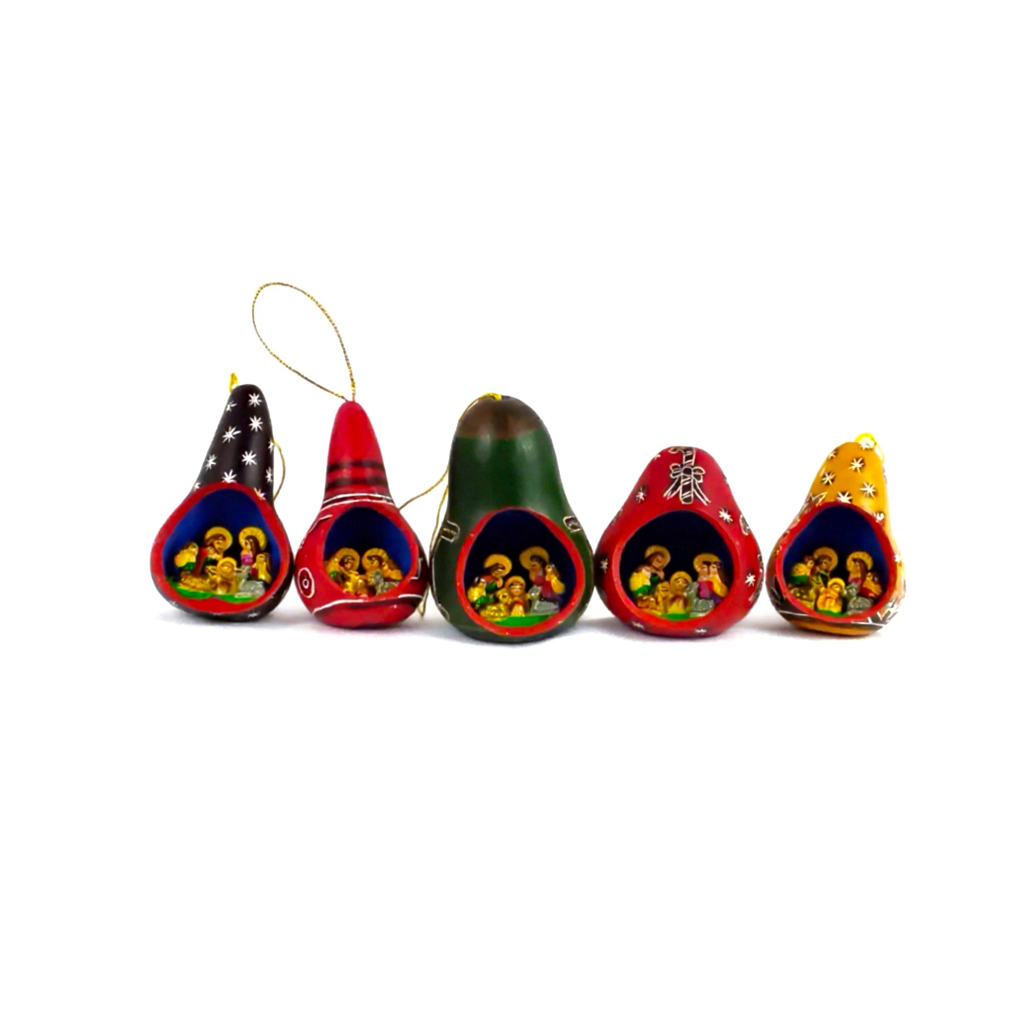 Handcrafted Miniature Nativity Scene in Christmas Gourd Ornament